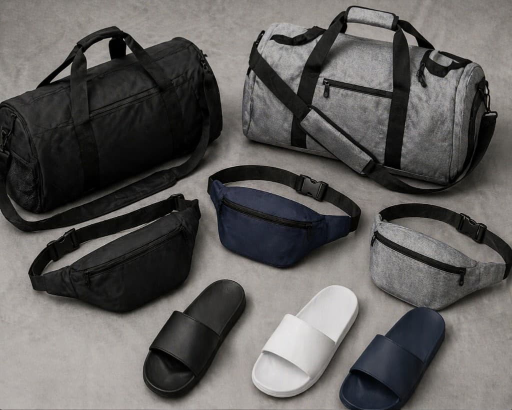 Duffel bags, waist bags, and slides in a coordinated lifestyle assortment.