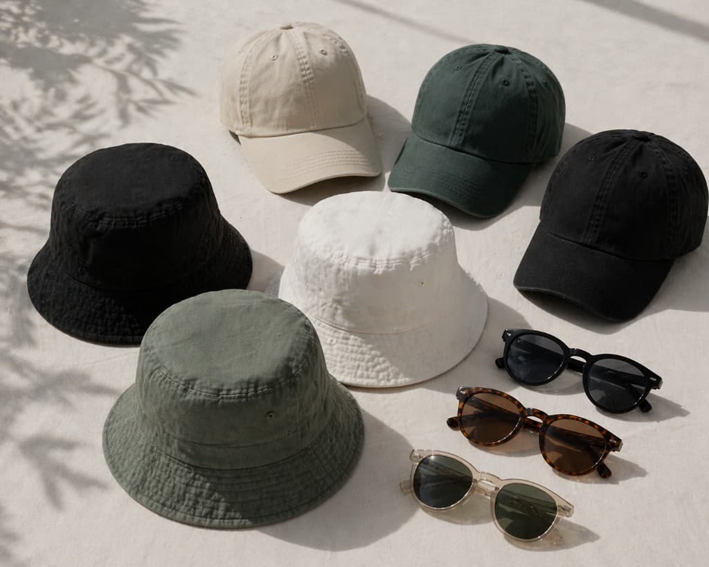 Caps, bucket hats, and sunglasses arranged as a headwear and accessories set.