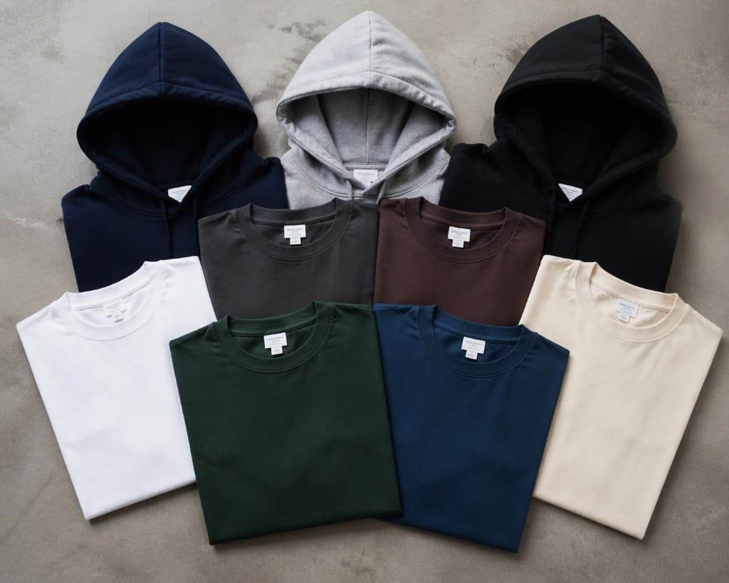 Folded hoodies and T-shirts in neutral colorways for apparel programmes.
